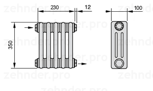 Схема (чертеж) Радиатор Zehnder Charleston 3035/5 №1670 Белый глянцевый RAL 9016